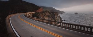 Preview wallpaper road, turn, asphalt, rocks, coast