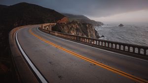 Preview wallpaper road, turn, asphalt, rocks, coast