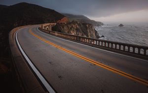 Preview wallpaper road, turn, asphalt, rocks, coast