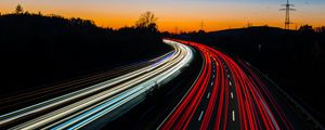 Preview wallpaper road, turn, backlight, movement, evening, twilight, long exposure