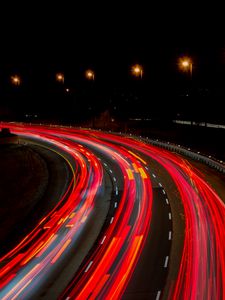 Preview wallpaper road, turn, backlight, night, long exposure