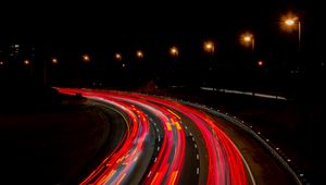 Preview wallpaper road, turn, backlight, night, long exposure