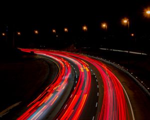 Preview wallpaper road, turn, backlight, night, long exposure