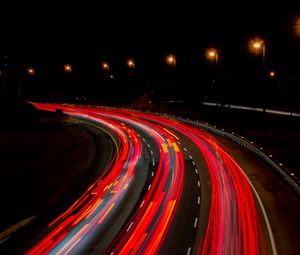 Preview wallpaper road, turn, backlight, night, long exposure