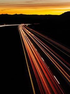 Preview wallpaper road, turn, backlight, long exposure, sunset
