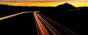 Preview wallpaper road, turn, backlight, long exposure, sunset