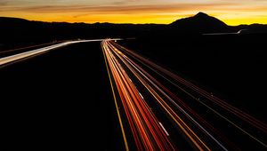Preview wallpaper road, turn, backlight, long exposure, sunset