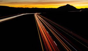 Preview wallpaper road, turn, backlight, long exposure, sunset