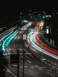 Preview wallpaper road, turn, backlight, long exposure, multi-lane, urban