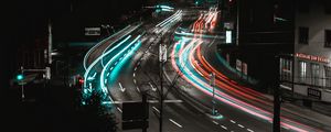 Preview wallpaper road, turn, backlight, long exposure, multi-lane, urban