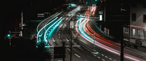 Preview wallpaper road, turn, backlight, long exposure, multi-lane, urban