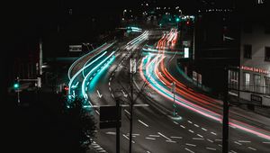 Preview wallpaper road, turn, backlight, long exposure, multi-lane, urban
