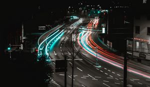 Preview wallpaper road, turn, backlight, long exposure, multi-lane, urban