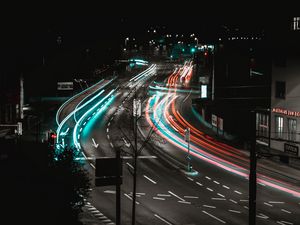 Preview wallpaper road, turn, backlight, long exposure, multi-lane, urban