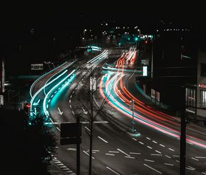 Preview wallpaper road, turn, backlight, long exposure, multi-lane, urban