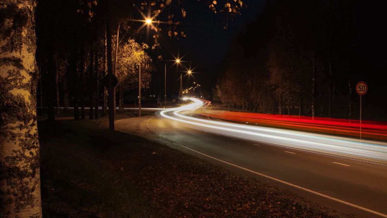 Wallpaper road, turn, bend, light, long exposure, dark