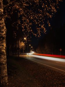 Preview wallpaper road, turn, bend, light, long exposure, dark