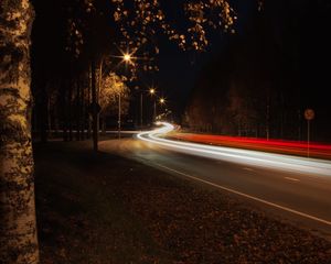 Preview wallpaper road, turn, bend, light, long exposure, dark