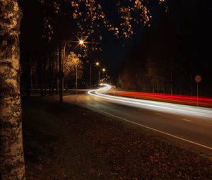 Preview wallpaper road, turn, bend, light, long exposure, dark