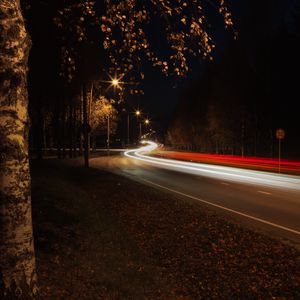 Preview wallpaper road, turn, bend, light, long exposure, dark