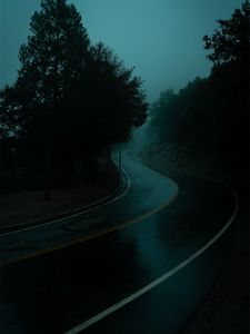 Preview wallpaper road, turn, fog, dusk