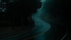 Preview wallpaper road, turn, fog, dusk