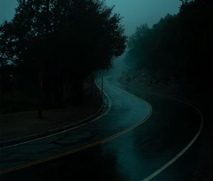 Preview wallpaper road, turn, fog, dusk