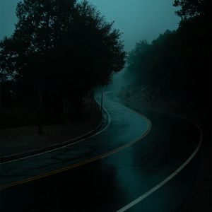 Preview wallpaper road, turn, fog, dusk