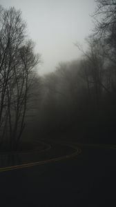 Preview wallpaper road, turn, fog, haze, dusk