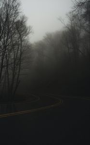 Preview wallpaper road, turn, fog, haze, dusk
