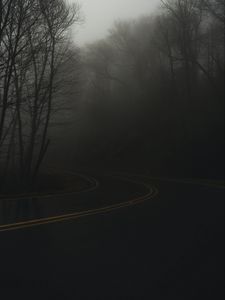 Preview wallpaper road, turn, fog, haze, dusk