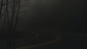Preview wallpaper road, turn, fog, haze, dusk