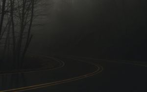 Preview wallpaper road, turn, fog, haze, dusk