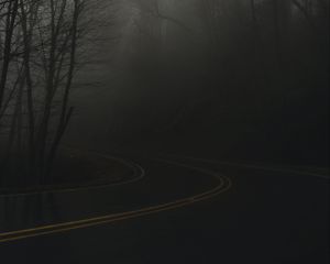 Preview wallpaper road, turn, fog, haze, dusk