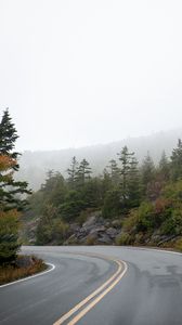 Preview wallpaper road, turn, fog, trees, rocks, nature