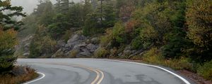 Preview wallpaper road, turn, fog, trees, rocks, nature