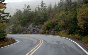 Preview wallpaper road, turn, fog, trees, rocks, nature