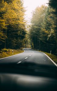 Preview wallpaper road, turn, forest, trees, nature, travel