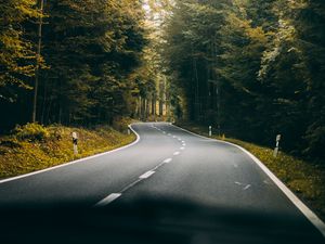 Preview wallpaper road, turn, forest, trees, nature, travel