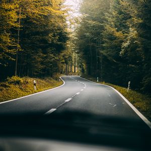 Preview wallpaper road, turn, forest, trees, nature, travel