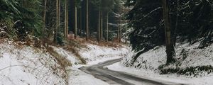 Preview wallpaper road, turn, forest, trees, snow, winter