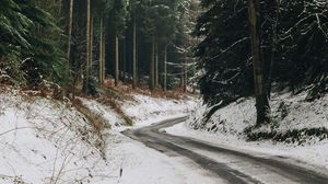 Preview wallpaper road, turn, forest, trees, snow, winter