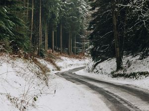 Preview wallpaper road, turn, forest, trees, snow, winter