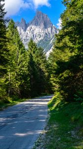 Preview wallpaper road, turn, forest, mountains, landscape