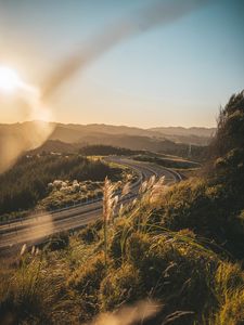 Preview wallpaper road, turn, grass, sky, landscape