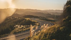 Preview wallpaper road, turn, grass, sky, landscape