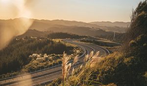 Preview wallpaper road, turn, grass, sky, landscape