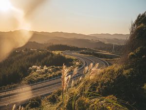 Preview wallpaper road, turn, grass, sky, landscape