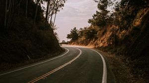 Preview wallpaper road, turn, hills, trees, nature