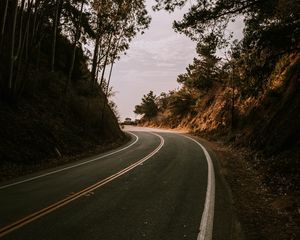 Preview wallpaper road, turn, hills, trees, nature